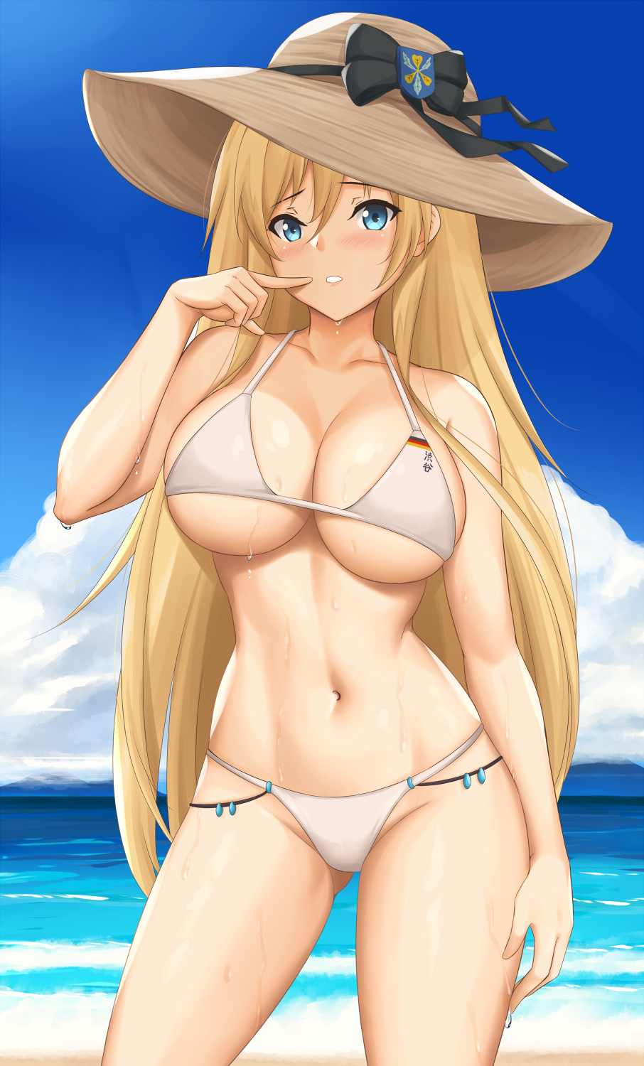 1girl arciealbano arm_up ass_visible_through_thighs azur_lane bangs bare_arms bare_shoulders beach bikini bismarck_(azur_lane) black_bow blonde_hair blue_eyes blue_sky blush bow breasts cleavage cloud collarbone finger_to_mouth flag_print german_flag_bikini groin hair_between_eyes hair_down halterneck hat highres large_breasts long_hair looking_at_viewer navel ocean outdoors sand sky solo sun_hat swimsuit thighhighs underboob water wet white_bikini