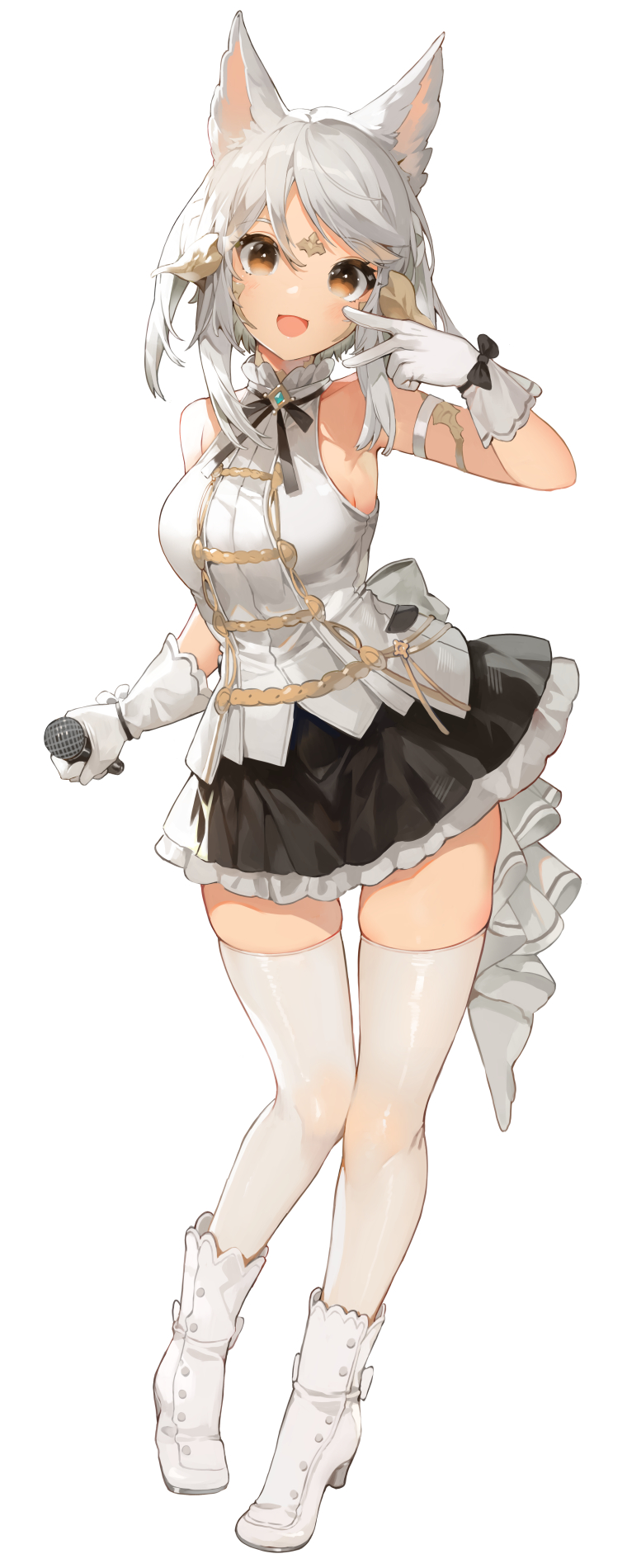 1girl :d akizone animal_ears boots breasts brown_eyes commentary final_fantasy final_fantasy_xiv full_body gloves highres looking_at_viewer miniskirt open_mouth short_hair simple_background skirt smile solo standing thighhighs white_background white_footwear white_gloves