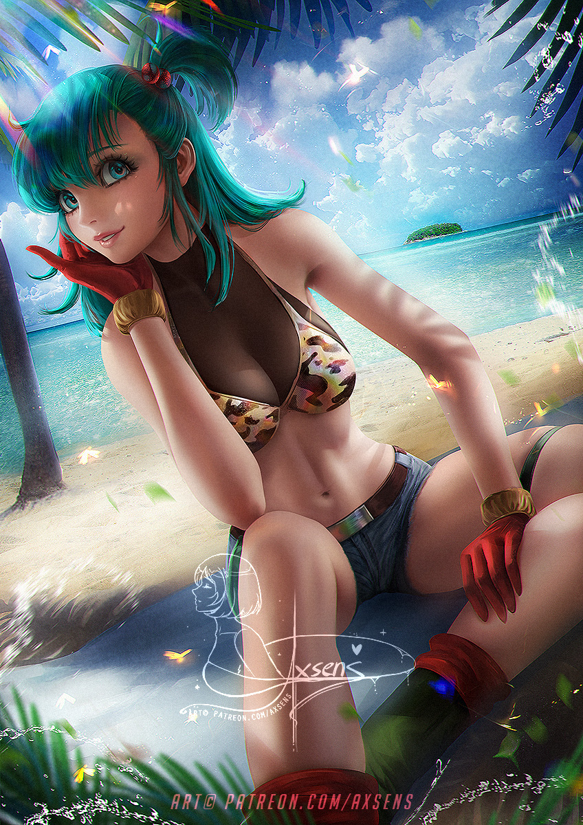 1girl aqua_eyes aqua_hair axsen banned_artist bare_shoulders belt bikini bikini_top blue_sky breasts bulma cleavage cloud cloudy_sky dragon_ball dragon_ball_(classic) gloves hair_ornament highres looking_at_viewer navel ocean red_gloves sand short_shorts shorts side_ponytail sitting sky smile solo swimsuit