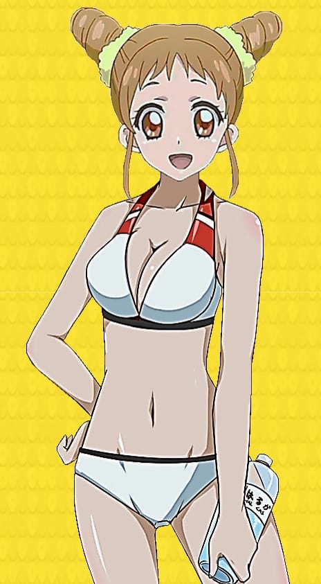 1girl 2014 :d aikatsu! alternate_breast_size arisugawa_otome artist_request bikini bottle chestnut_mouth female game_cg hair_ornament halterneck hand_on_hip happy holding light_brown_hair megami open_mouth orange_eyes short_hair skindentation smile solo swimsuit two_side_up yellow_background