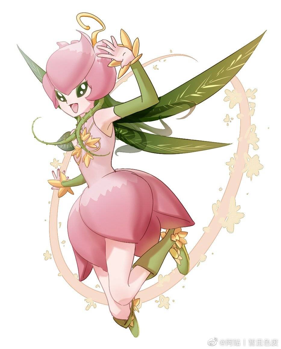 1girl :d bangs bare_shoulders black_eyes boots detached_sleeves digimon digimon_(creature) dress feet_up flower green_eyes green_footwear green_sleeves hand_up knee_boots lillymon looking_at_viewer nail_polish open_mouth pink_dress pink_flower pink_hair pink_nails smile solo tie_(ken59956407) translation_request white_background wings