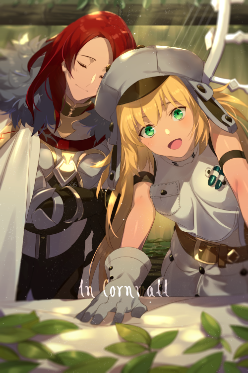 1boy 1girl armor artoria_pendragon_(all) artoria_pendragon_(caster)_(fate) bangs belt blonde_hair blush bow_(weapon) breasts cape closed_eyes dress echo_(circa) failnaught_(fate) fate/grand_order fate_(series) fur_trim gloves green_eyes grey_dress grey_gloves grey_headwear harp hat instrument long_hair looking_at_viewer parted_bangs red_hair sleeveless sleeveless_dress small_breasts thighs tristan_(fate) twintails weapon white_cape