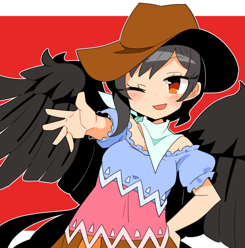 1girl :d bangs bird_wings black_hair black_wings blue_shirt brown_headwear cowboy_hat hand_on_hip hat ini_(inunabe00) kurokoma_saki multicolored_shirt one_eye_closed open_mouth orange_eyes pegasus_wings pink_shirt red_background shirt short_sleeves smile solo touhou upper_body wings