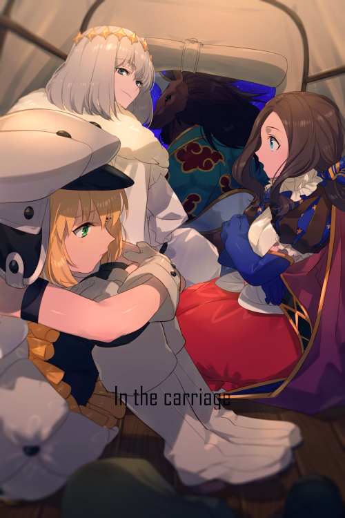 2boys 2girls artoria_pendragon_(all) artoria_pendragon_(caster)_(fate) bangs black_bow black_legwear blonde_hair blue_eyes blue_gloves boots bow breasts brown_dress brown_hair carriage cloak dress echo_(circa) elbow_gloves fate/grand_order fate_(series) forehead fur-trimmed_cloak fur_trim gloves green_eyes grey_dress grey_footwear grey_gloves grey_hair grey_headwear hair_bow hat horse_boy knee_boots leonardo_da_vinci_(fate) leonardo_da_vinci_(rider)_(fate) long_hair looking_at_viewer multiple_boys multiple_girls oberon_(fate) open_mouth pantyhose parted_bangs ponytail puff_and_slash_sleeves puffy_short_sleeves puffy_sleeves red_hare_(fate) red_skirt short_hair short_sleeves sitting skirt sleeveless sleeveless_dress small_breasts smile thighs twintails