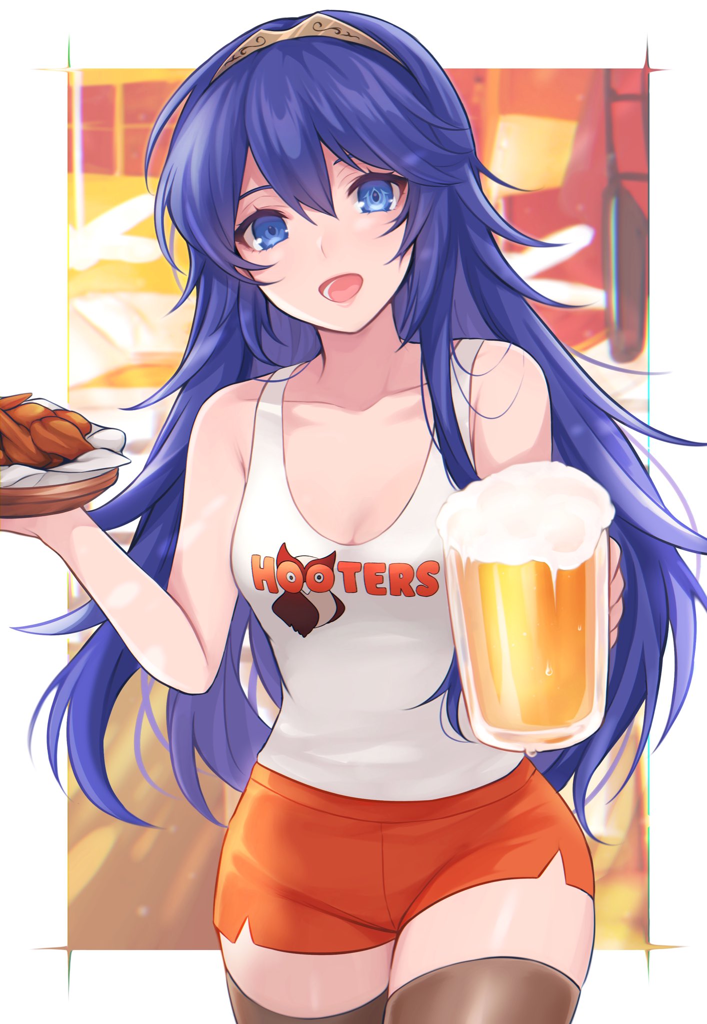 1girl alcohol bangs banned_artist bare_arms bare_shoulders beer beer_mug blue_eyes blue_hair collarbone commentary_request commission cowboy_shot cup fire_emblem fire_emblem_awakening hair_between_eyes hand_up highres holding holding_cup hooters long_hair looking_at_viewer lucina_(fire_emblem) mug open_mouth orange_shorts shimizu_akina short_shorts shorts skeb_commission solo standing tank_top thighhighs thighs tiara white_tank_top