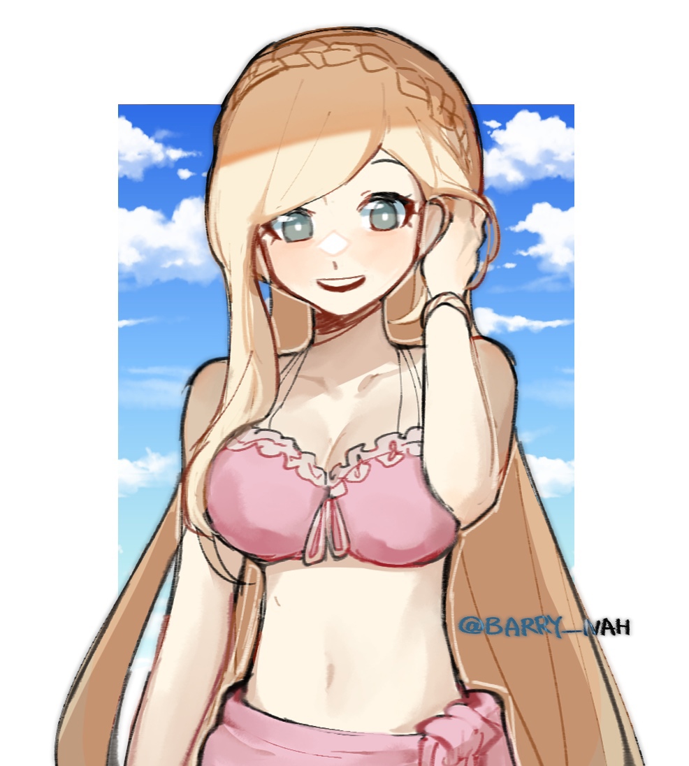1girl :d arm_at_side artist_name bangs bare_shoulders barry_nah bikini blonde_hair blue_eyes blush braid breasts cleavage cloud danganronpa_(series) danganronpa_2:_goodbye_despair danganronpa_s:_ultimate_summer_camp day green_eyes grey_background hand_in_hair large_breasts long_hair looking_at_viewer navel open_mouth pink_bikini sky smile solo sonia_nevermind stomach swimsuit upper_teeth