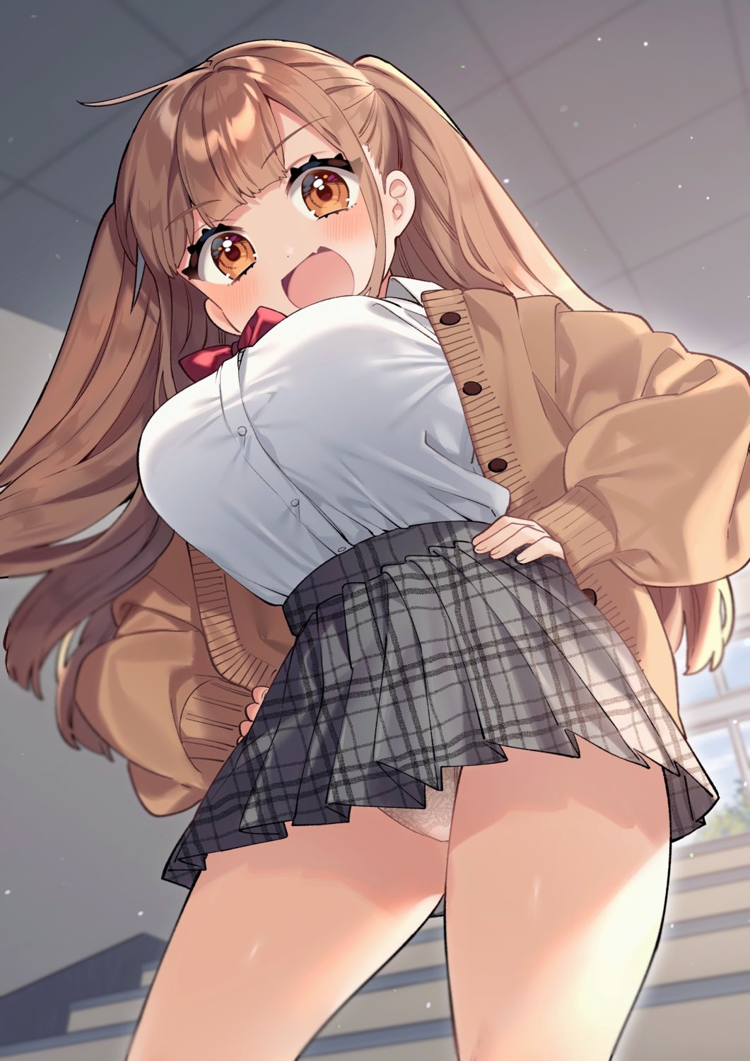 1girl :d bangs blunt_bangs blush breasts brown_eyes brown_hair commentary_request fang hands_on_hips highres large_breasts long_hair looking_at_viewer open_mouth original panties pantyshot plaid plaid_skirt sakura_yuki_(clochette) shirt skin_fang skirt smile solo standing thighs twintails underwear white_panties white_shirt