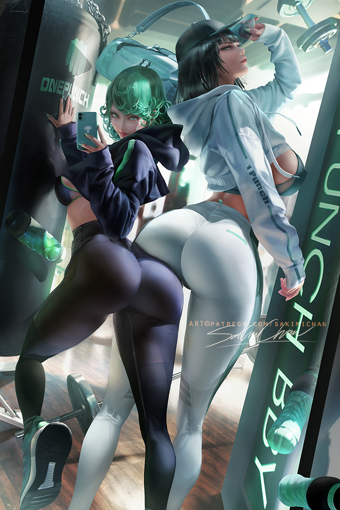 2girls ass bag banned_artist barbell black_bra bottle bra breasts cellphone curly_hair duffel_bag dumbbell flipped_hair fubuki_(one-punch_man) green_eyes green_hair hand_on_headwear hat holding holding_phone hood hoodie large_breasts multiple_girls one-punch_man pants phone punching_bag sakimichan shoes sideboob signature smartphone sneakers sports_bra tatsumaki underwear water_bottle wooden_floor yoga_pants