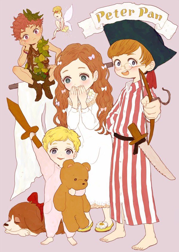 2girls 3boys barefoot black_headwear blonde_hair blue_eyes blush bow brown_hair character_request child copyright_name covering_mouth dog dress fairy glasses hair_bow hat height_difference holding holding_sword holding_weapon leaf long_hair long_sleeves multiple_boys multiple_girls mush_machou nightshirt peter_pan peter_pan_(character) shirt short_hair striped striped_shirt stuffed_animal stuffed_toy sword teddy_bear weapon white_bow white_dress wooden_sword yellow_footwear