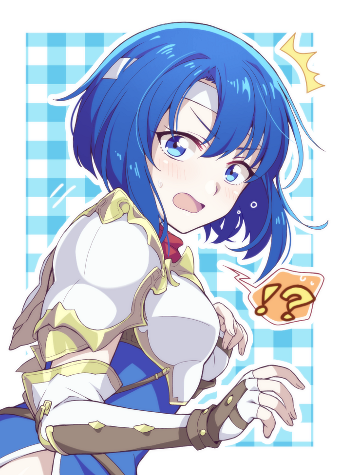 !? 1girl ^^^ armor blue_eyes blue_hair blush catria_(fire_emblem) commentary_request elbow_gloves fingerless_gloves fire_emblem fire_emblem:_mystery_of_the_emblem fire_emblem_heroes gloves headband hiyori_(rindou66) looking_at_viewer open_mouth pegasus_knight short_hair solo spoken_interrobang surprised