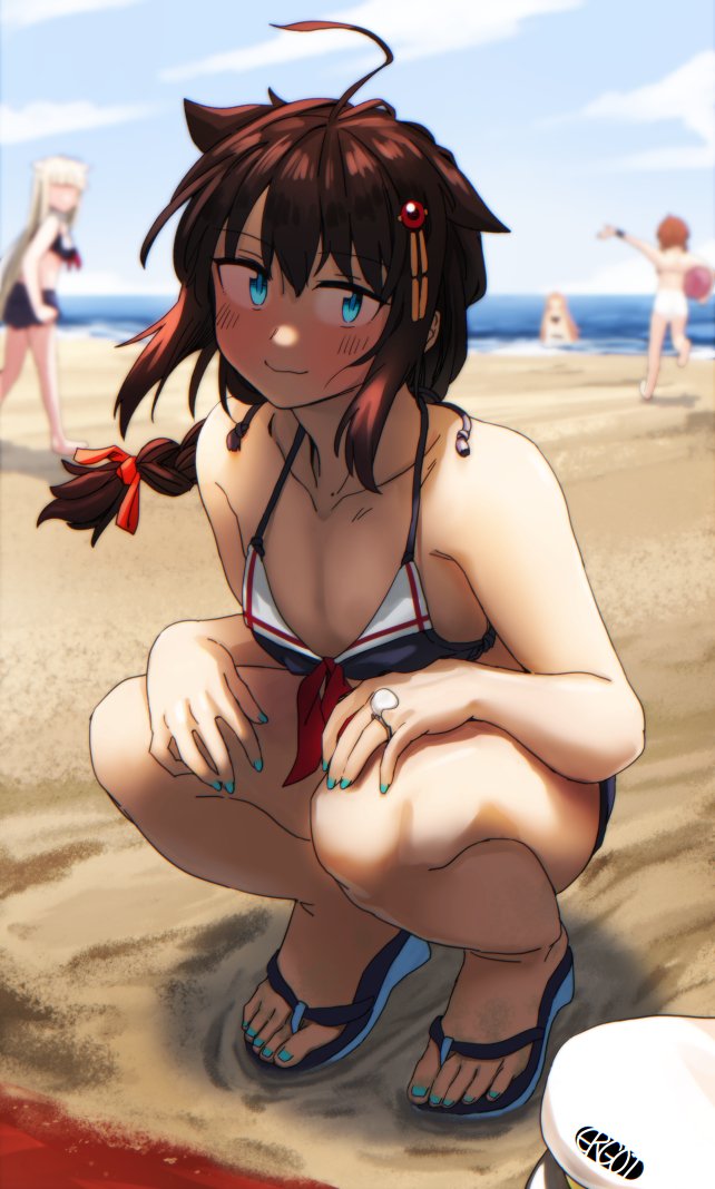 4girls adapted_costume ahoge artist_name beach bikini black_bikini black_hair blue_eyes blue_sky braid cloud commentary_request day ergot full_body hair_flaps kantai_collection looking_at_viewer multiple_girls murasame_(kancolle) outdoors remodel_(kantai_collection) sandals shigure_(kancolle) shiratsuyu_(kancolle) single_braid sky solo_focus squatting swimsuit yuudachi_(kancolle)