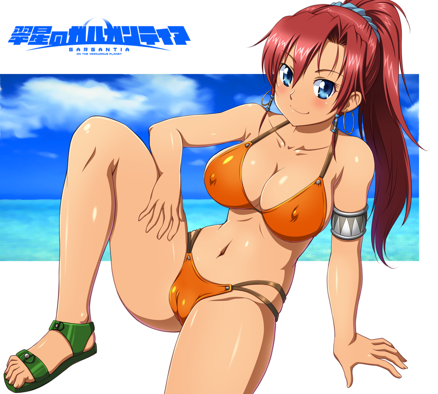 1girl bellows_(suisei_no_gargantia) blue_eyes blue_sky bra breasts cameltoe cloud cloudy_sky copyright_name covered_nipples curvy day earrings english_text eyebrows_visible_through_hair green_footwear hair_between_eyes hoop_earrings jewelry long_hair looking_at_viewer nipples ocean orange_bra orange_panties orange_swimsuit panties ponytail red_hair sandals sky smile solo suisei_no_gargantia swimsuit tan tanuki_yousuke underwear water