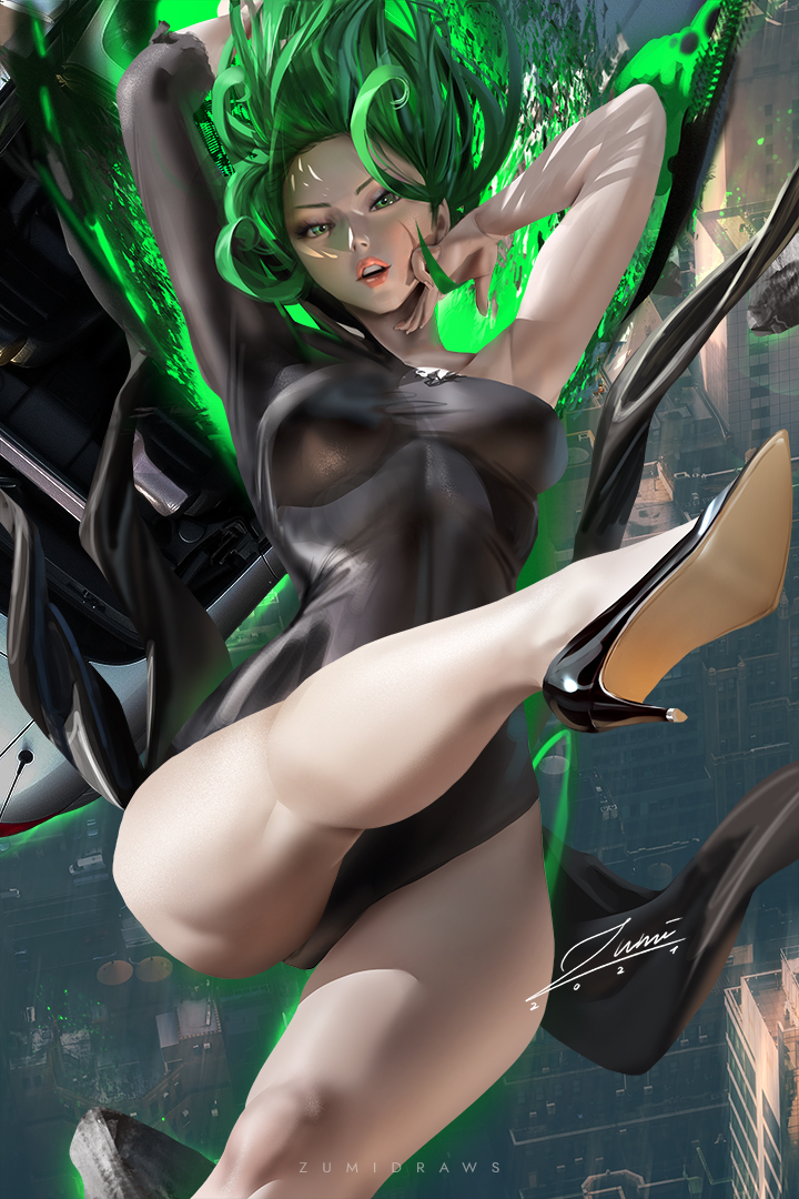 1girl 2021 alternate_breast_size banned_artist black_dress black_footwear breasts building_block dated dress floating floating_hair green_eyes green_hair high_heels looking_at_viewer medium_breasts one-punch_man parted_lips short_hair signature solo tatsumaki taut_clothes taut_dress zumi_(zumidraws)