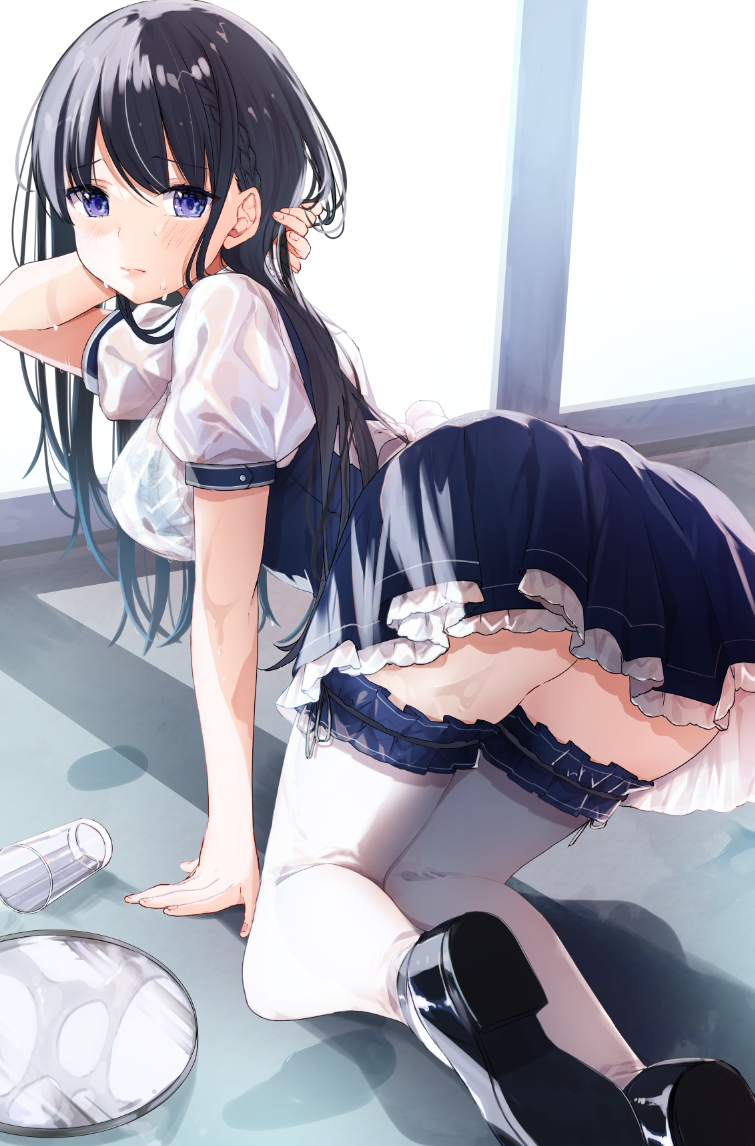 1girl all_fours arm_behind_head black_footwear black_hair blue_bra blue_eyes blush bow bra braid breasts cup dress floral_print frills frown hand_in_hair indoors long_hair looking_at_viewer looking_back maid medium_breasts original pleated_dress see-through short_sleeves solo thighhighs tray two-tone_dress underwear wet wet_clothes wet_hair white_bow white_legwear window yu_yu