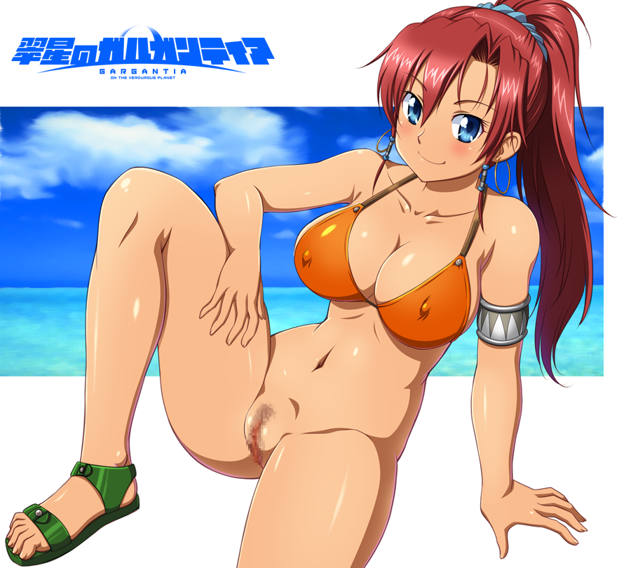 1girl bellows_(suisei_no_gargantia) blue_eyes blue_sky bottomless bra breasts cameltoe censored cloud cloudy_sky copyright_name curvy day earrings english_text eyebrows_visible_through_hair green_footwear hair_between_eyes hoop_earrings jewelry long_hair looking_at_viewer mosaic_censoring nipples ocean orange_bra orange_swimsuit ponytail pubic_hair pussy red_hair sandals sky smile solo suisei_no_gargantia swimsuit tan tanuki_yousuke underwear water