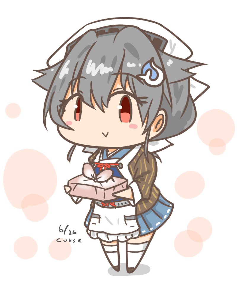 1girl apron artist_name bandana black_hair blue_sailor_collar blue_serafuku blue_skirt chibi commentary_request curse_(023) dated full_body hair_flaps hair_ornament hairclip headgear jingei_(kancolle) kantai_collection long_hair looking_at_viewer obentou pleated_skirt red_eyes sailor_collar shawl skirt solo standing waist_apron white_apron