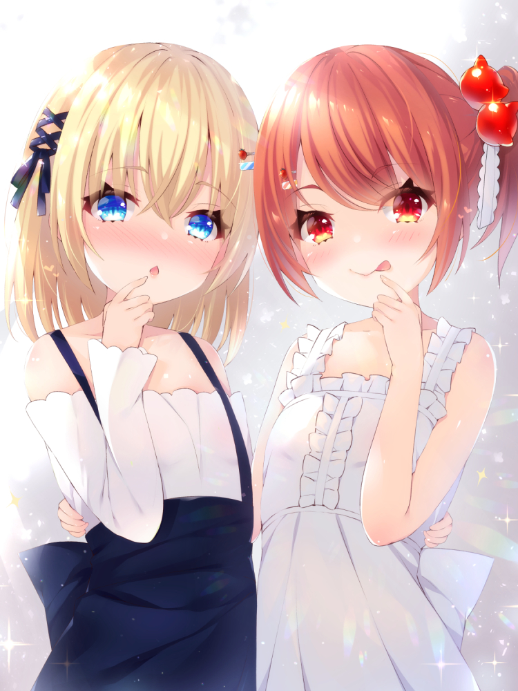 2girls :p bangs bare_shoulders black_dress blonde_hair blue_eyes blush center_frills chestnut_mouth closed_mouth commentary_request dress eyebrows_visible_through_hair frills hair_between_eyes hair_ornament hairclip looking_at_viewer multiple_girls nose_blush ooji_cha original parted_lips red_eyes red_hair shirt siblings side_ponytail sisters sleeveless sleeveless_dress smile tongue tongue_out twins white_dress white_shirt x_hair_ornament
