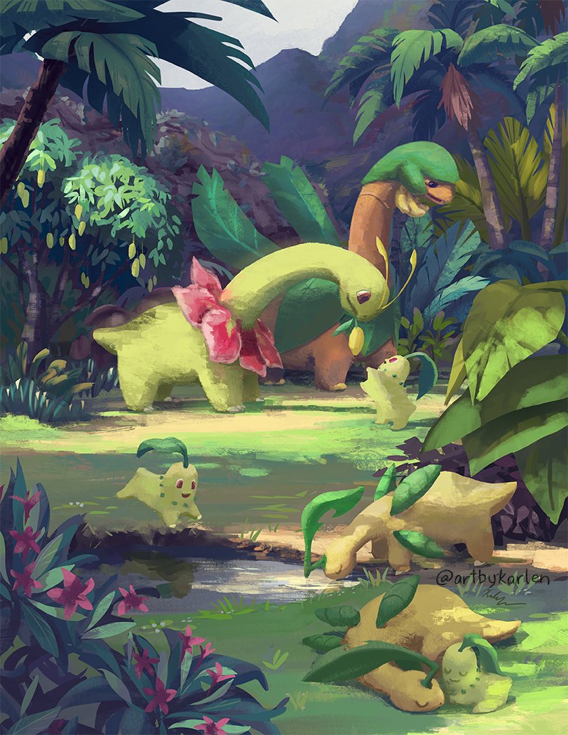 banana bayleef chikorita closed_eyes closed_mouth commentary day drinking english_commentary evolutionary_line eye_contact food fruit gen_2_pokemon gen_3_pokemon grass karlen_tam looking_at_another lying meganium mouth_hold no_humans on_stomach open_mouth outdoors pokemon pokemon_(creature) pond red_eyes sleeping smile standing starter_pokemon tree tropius water
