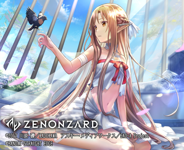 1girl ankle_wrap arm_strap asuna_(sao) bangs bare_shoulders bars bird blue_sky braid breasts brown_eyes brown_hair cage cloud commentary_request crop_top crown_braid day ear_covers full_body groin hair_between_eyes hair_ribbon logo long_hair looking_at_animal medium_breasts midriff navel official_art parted_lips pointy_ears red_ribbon ribbon shadow shirt sidelocks sitting skirt sky sleeveless sleeveless_shirt solo_focus standing sword_art_online titania_(sao) very_long_hair watermark white_shirt white_skirt yokozuwari zenonzard