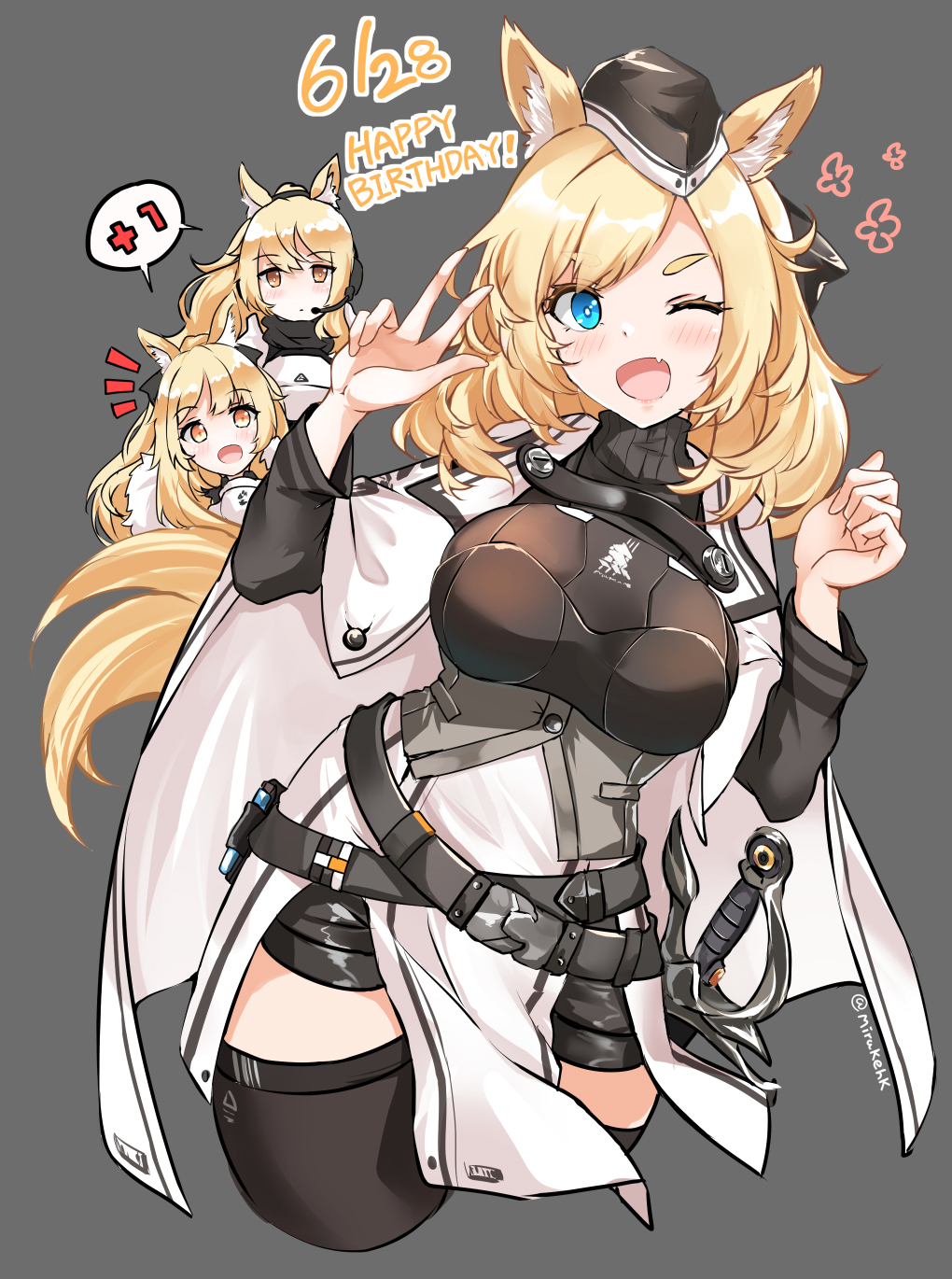 1girl animal_ear_fluff animal_ears arknights bangs black_headwear black_legwear blonde_hair blue_eyes blush breasts cape clothing_request commentary_request cowboy_shot dated english_commentary eyebrows_behind_hair eyebrows_visible_through_hair fatkewell grey_background happy_birthday hat headset highres large_breasts long_hair long_sleeves looking_at_viewer mixed-language_commentary multiple_views one_eye_closed open_mouth simple_background smile standing tail thighhighs twitter_username upper_body w weapon whislash_(arknights) white_cape