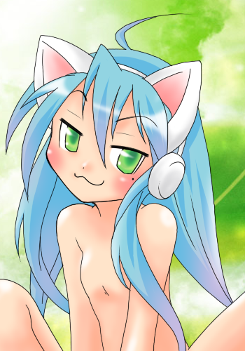 animal_ears blue_hair breasts cat_ears female hair izumi_konata konata_izumi lucky_star solo