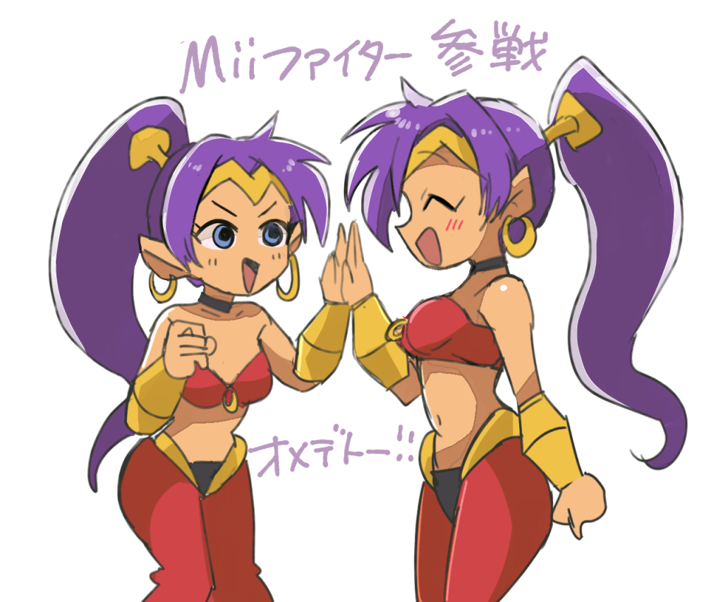 2girls belly_dancing blue_eyes breasts choker cleavage closed_eyes dancer dark-skinned_female dark_skin earrings hair_ornament harem_pants high_ponytail hoop_earrings jewelry long_hair medium_breasts mii_(nintendo) multiple_girls navel o-ring o-ring_top open_mouth pants pointy_ears ponytail purple_hair shantae_(character) shantae_(series) smile super_smash_bros. tiara tsubobot very_long_hair