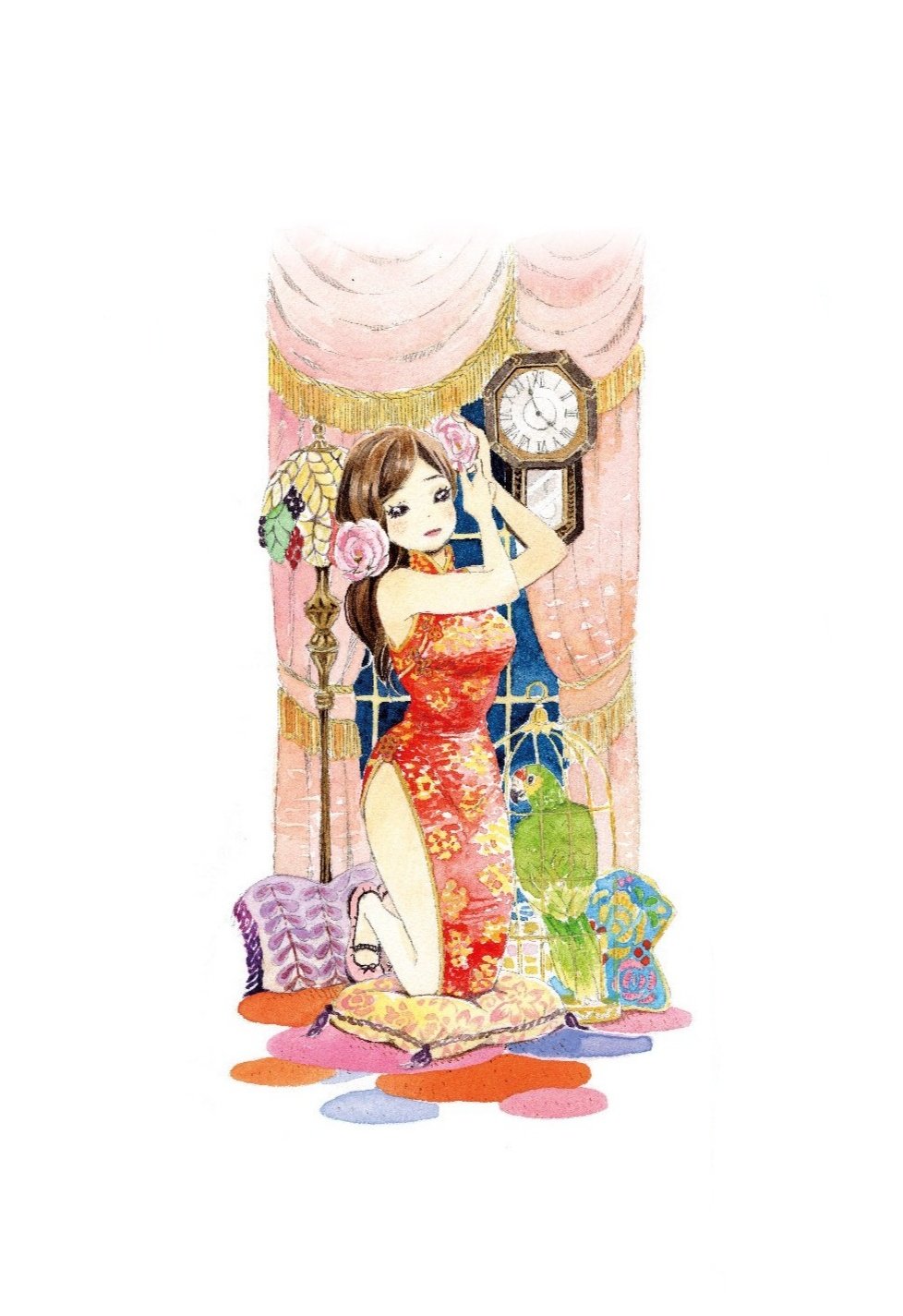 1girl adjusting_hair_ornament analog_clock bare_arms bare_legs bird black_eyes border brown_hair cage china_dress chinese_clothes clock closed_mouth curtains cushion dot_nose dress expressionless eyelashes floral_print flower full_body gold_trim hair_down hair_flower hair_ornament hands_up highres kawamoto_akari kneeling lace lace_trim lamp leaf_print light_blush lipstick long_hair makeup mary_janes parrot pendulum pendulum_clock pink_flower pink_footwear pink_rose red_dress red_lips roman_numeral rose rose_print sangatsu_no_lion shoes side_slit solo stained_glass tassel umino_chika white_border window