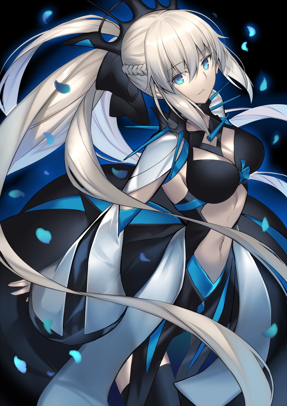 1girl bangs black_bow black_dress black_footwear blue_eyes boots bow braid breasts center_opening cleavage dress fate/grand_order fate_(series) french_braid grey_hair hair_bow highres karlwolf large_breasts long_hair long_sleeves looking_at_viewer morgan_le_fay_(fate) pelvic_curtain ponytail sidelocks solo spikes thigh_boots thighhighs thighs tiara two-tone_dress very_long_hair white_dress wide_sleeves