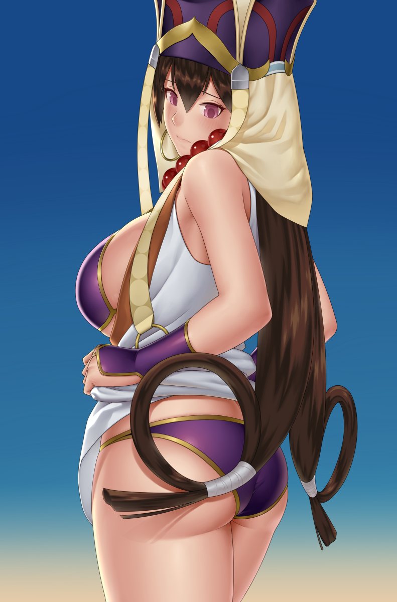 1girl ass bangs bare_shoulders bead_necklace beads bikini breasts bridal_gauntlets brown_hair detached_sleeves fate/grand_order fate_(series) gonoike_biwa hair_between_eyes hat highres japanese_clothes jewelry kimono large_breasts long_hair looking_at_viewer necklace prayer_beads purple_bikini purple_eyes short_kimono sideboob sleeveless sleeveless_kimono swimsuit thighs white_kimono xuangzang_sanzang_(fate)