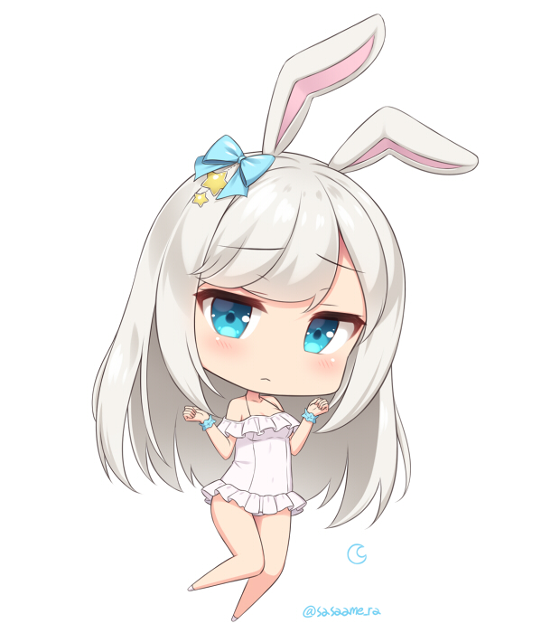 1girl animal_ears bare_legs bare_shoulders blue_bow blue_eyes blush bow bunny_ears chibi closed_mouth eyebrows_visible_through_hair frilled_swimsuit frills frown full_body hair_bow hands_up jitome long_hair looking_at_viewer off-shoulder_swimsuit off_shoulder one-piece_swimsuit original sasaame scrunchie simple_background solo swimsuit twitter_username white_background white_hair white_swimsuit wrist_scrunchie