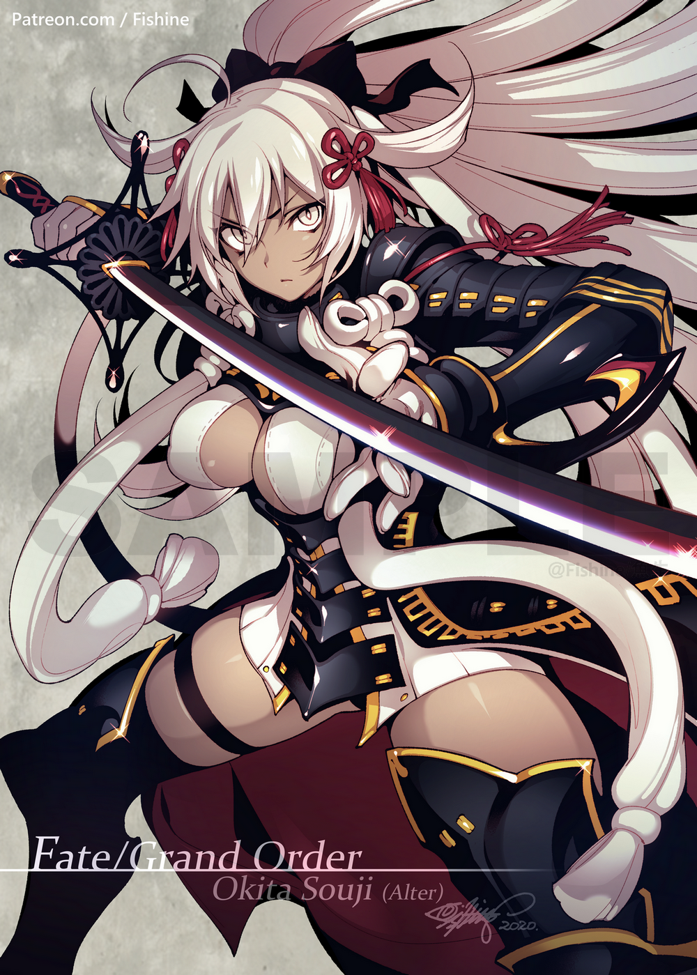 1girl 2020 black_bow black_footwear boots bow breasts bright_pupils character_name chinese_knot commission copyright_name english_commentary expressionless fate/grand_order fate_(series) fighting_stance fishine gloves grey_background hair_bow highres holding holding_sword holding_weapon japanese_clothes katana large_breasts legs_apart long_hair looking_at_viewer okita_souji_(alter)_(fate) okita_souji_(fate)_(all) patreon_username sample shiny shiny_skin signature solo standing sword tan thigh_boots thighhighs twitter_username weapon white_eyes white_gloves white_hair