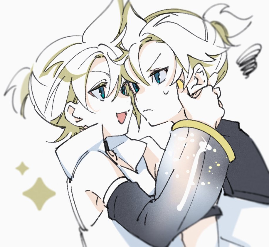 2boys bare_shoulders bass_clef black_collar blonde_hair collar detached_sleeves dual_persona face-to-face frown hand_on_another's_head high_collar kagamine_len kagamine_len_(append) looking_at_another male_focus motu0505 multiple_boys nail_polish pendant_choker sailor_collar see-through_sleeves shirt short_ponytail short_sleeves smile sparkle spiked_hair squiggle sweat upper_body v-shaped_eyebrows vocaloid vocaloid_append white_background white_shirt yellow_nails