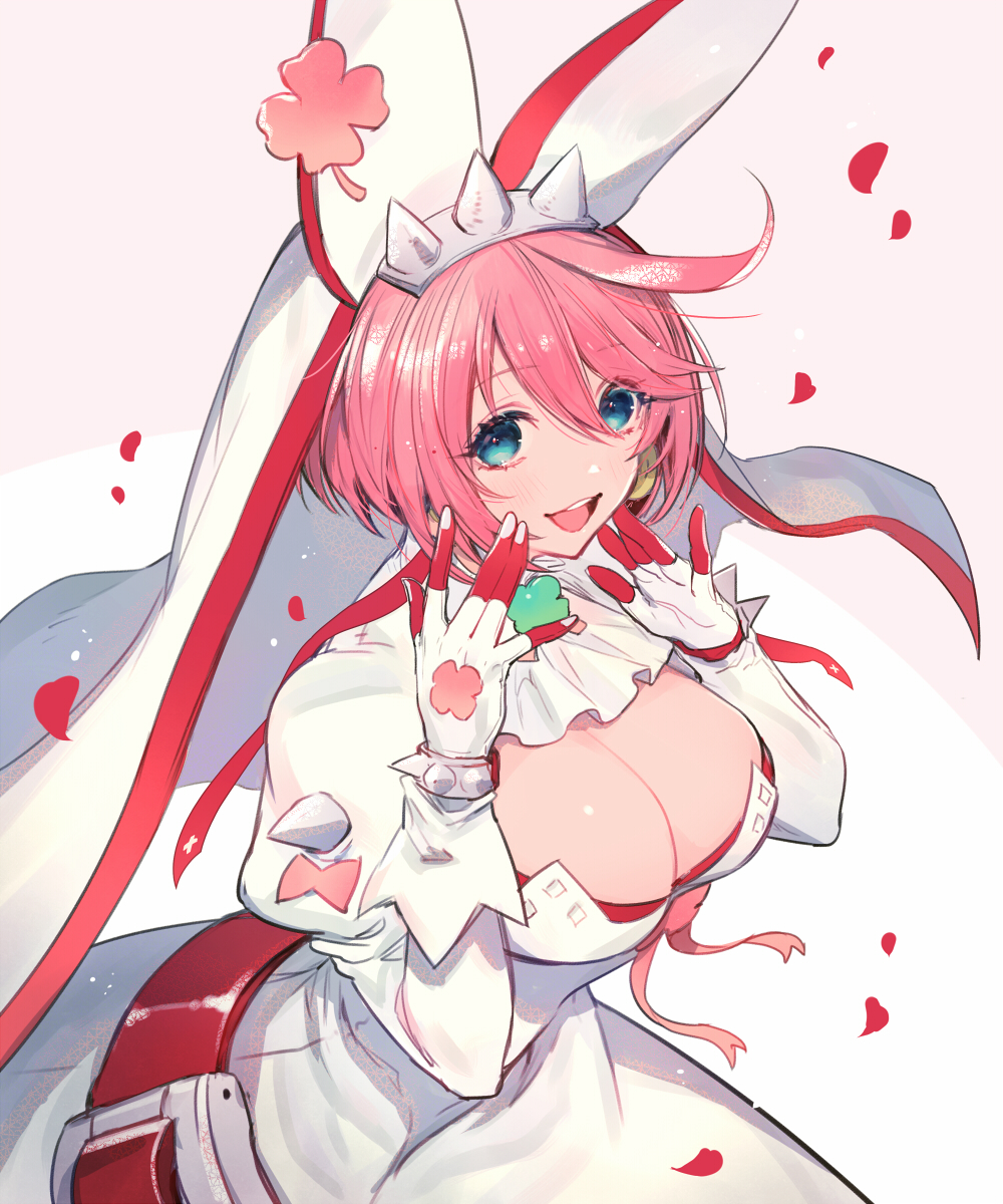 1girl ahoge animal_ears bangs belt blue_eyes breasts bridal_veil bunny_ears cleavage clover dress elphelt_valentine fake_animal_ears four-leaf_clover gloves guilty_gear guilty_gear_xrd hair_between_eyes hand_on_own_face highres huge_ahoge large_breasts open_mouth oro_(sumakaita) petals pink_hair short_hair simple_background solo spikes veil wedding_dress white_gloves