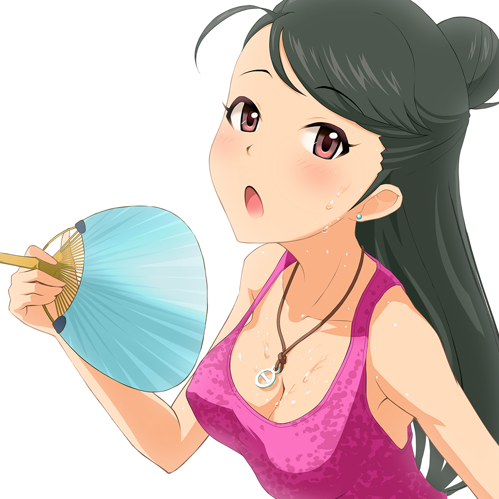 1girl argon black_hair blush breasts cleavage earrings eyebrows_visible_through_hair fan fanning fanning_self hair_bun hot idolmaster idolmaster_cinderella_girls jewelry kirino_aya long_hair looking_at_viewer open_mouth pendant pink_tank_top purple_eyes simple_background sweat tank_top tied_hair white_background