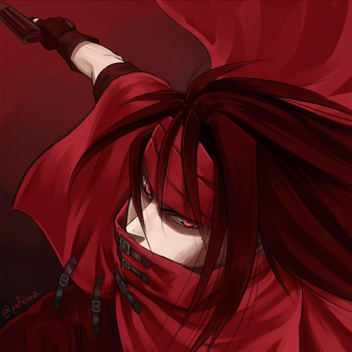 1boy black_hair cloak final_fantasy final_fantasy_vii glaring gun headband hidden_mouth long_hair looking_at_viewer pafeena pale_skin red_background red_cloak red_eyes red_headband vincent_valentine weapon