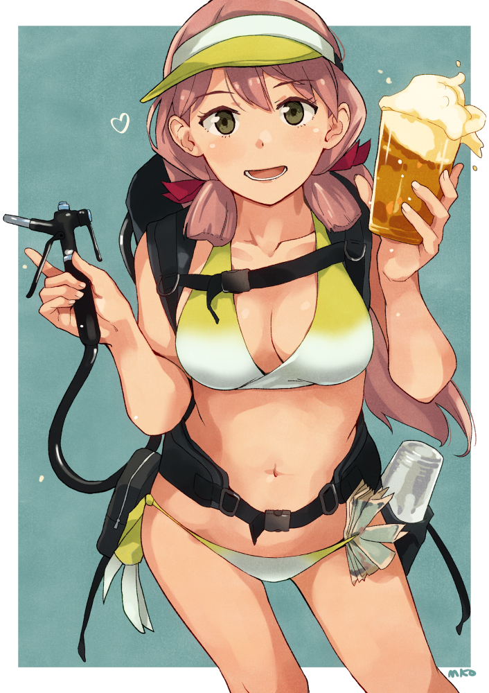 1girl akashi_(kancolle) alcohol backpack bag banned_artist beer bikini blunt_tresses border breasts cleavage collarbone commentary_request cowboy_shot cup glass gradient_bikini green_eyes hair_ribbon holding holding_cup kantai_collection large_breasts leaning_forward long_hair looking_at_viewer makio_(makiomeigenbot) navel nozzle open_mouth pink_hair ribbon side-tie_bikini smile solo swimsuit tress_ribbon visor_cap white_border