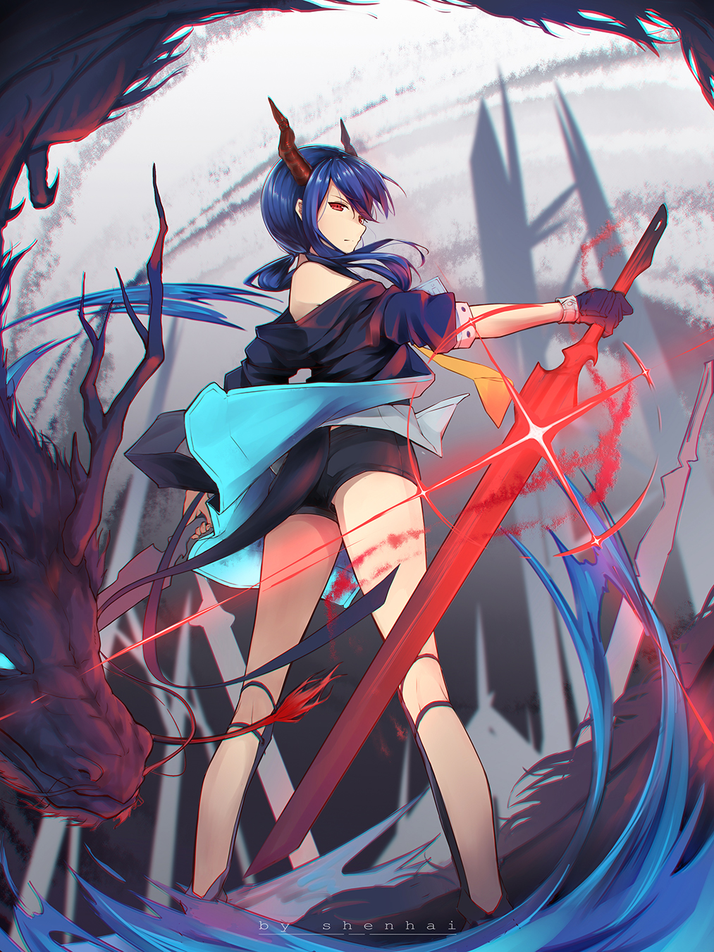 1girl arknights bangs bare_legs blue_hair ch'en_(arknights) dragon_girl dragon_horns dragon_tail gloves highres holding holding_sword holding_weapon horns jacket long_hair looking_at_viewer looking_back red_eyes shenhai_(2556146833) shorts solo sword tail twintails weapon