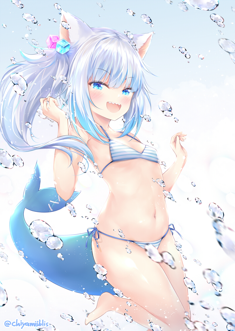 1girl :d air_bubble animal_ears bare_arms bare_legs bare_shoulders barefoot bikini blue_eyes blue_hair blush breasts bubble cat_ears chiyami collarbone commentary_request convenient_censoring fish_tail gawr_gura hair_cubes hair_ornament hololive hololive_english long_hair looking_at_viewer multicolored_hair navel open_mouth shark_tail sharp_teeth side_ponytail silver_hair small_breasts smile solo streaked_hair striped striped_bikini swimsuit tail teeth twitter_username underwater virtual_youtuber