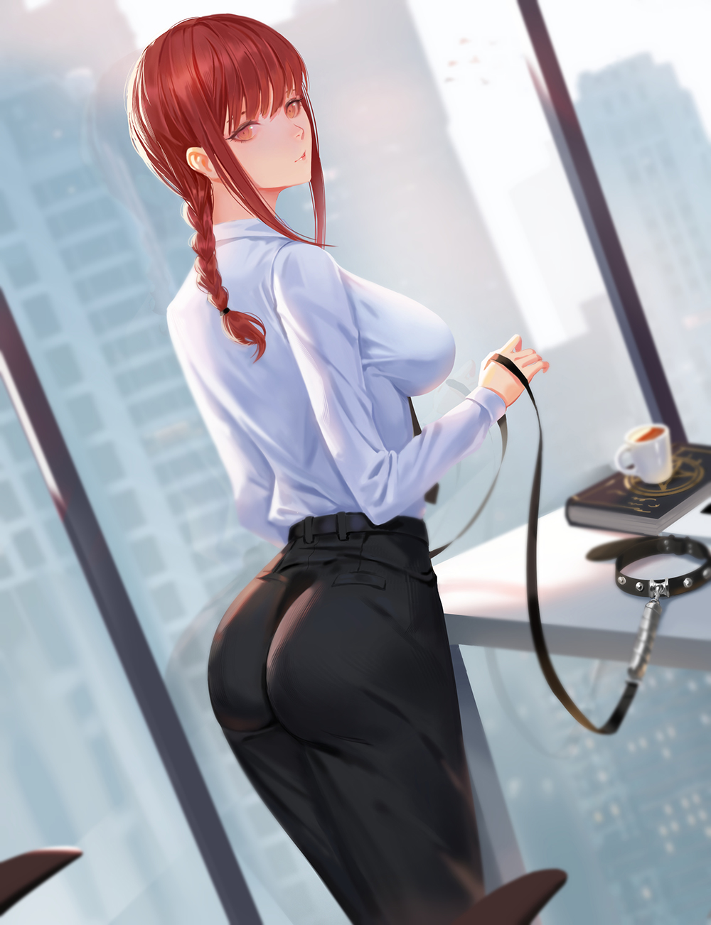 1girl ass bangs black_neckwear black_pants book braid braided_ponytail breasts business_suit chainsaw_man city collar collared_shirt commentary_request cup formal from_behind highres holding holding_leash indoors large_breasts leash long_sleeves looking_at_viewer looking_back makima_(chainsaw_man) medium_breasts necktie office_lady pants red_hair ringed_eyes sansan_(dongfangzhong111) shirt sidelocks smile solo standing suit table white_shirt yellow_eyes