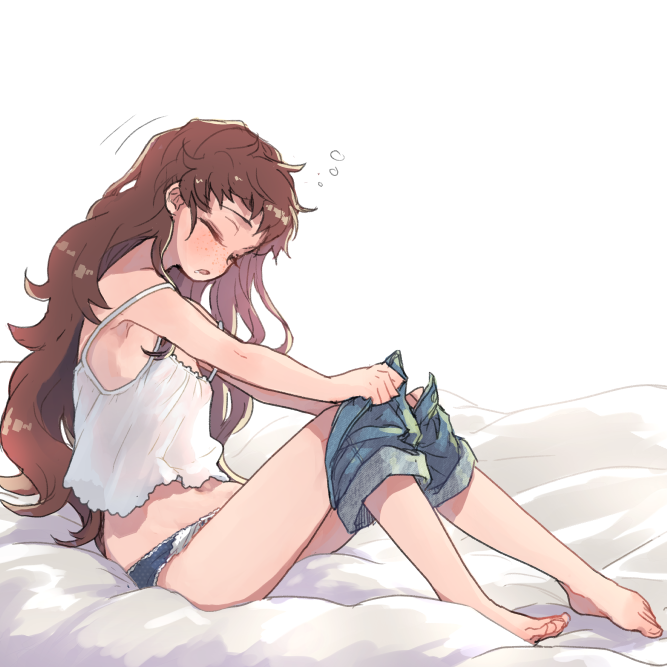 1girl barefoot blue_panties blue_shorts brown_hair camisole closed_eyes clothes_pull denim denim_shorts freckles from_side full_body isuzu_(log_horizon) log_horizon long_hair mo_(deciliter) off_shoulder open_mouth panties polka_dot polka_dot_panties shiny shiny_hair short_shorts shorts shorts_pull simple_background sitting solo underwear undressing very_long_hair white_background white_camisole