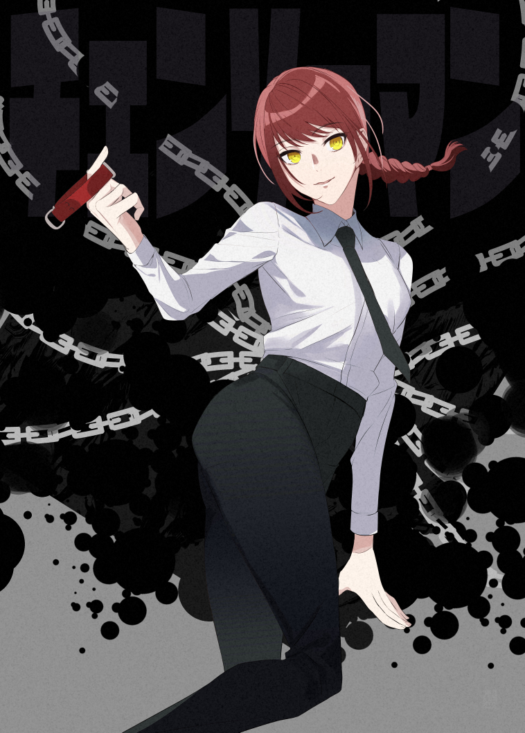 1girl bangs black_neckwear black_pants braid braided_ponytail breasts business_suit chain chainsaw_man collared_shirt commentary_request formal holding_collar long_sleeves looking_at_viewer maha makima_(chainsaw_man) medium_breasts medium_hair necktie office_lady open_mouth pants red_hair ringed_eyes shirt sidelocks smile solo suit translation_request white_shirt yellow_eyes