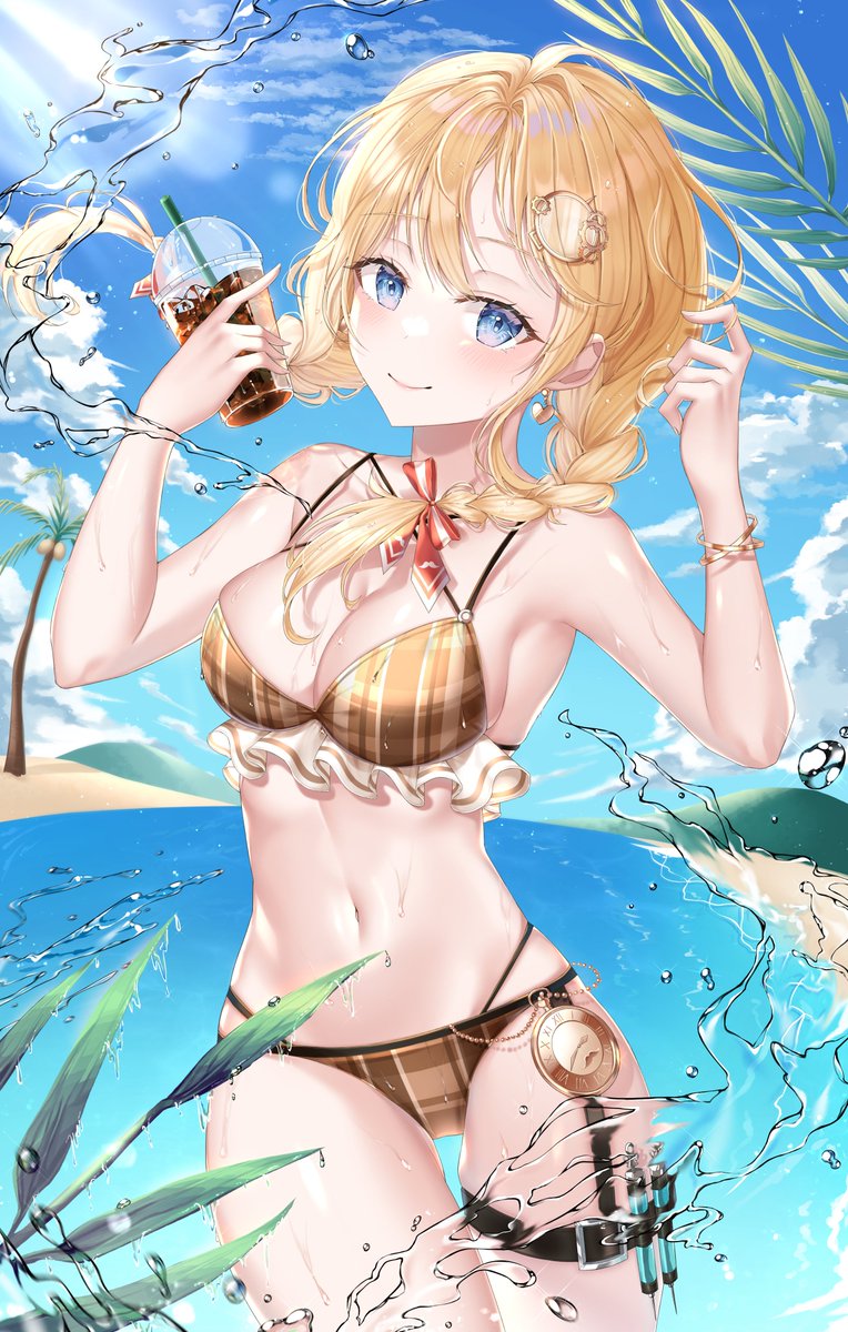1girl beach bikini blonde_hair blue_eyes blue_sky braid breasts brown_bikini cleavage cloud coconut coconut_tree cup day disposable_cup drinking_straw earrings hair_ornament heart heart_earrings highres hololive hololive_english jewelry large_breasts lisa_78 looking_at_viewer medium_hair monocle_hair_ornament ocean outdoors palm_tree plaid plaid_bikini pocket_watch sky smile solo swimsuit syringe tea tree twin_braids virtual_youtuber watch watson_amelia