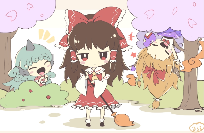 +++ 3girls artist_name blonde_hair blush_stickers bow bowtie bright_pupils broom brown_hair bush cherry_blossoms chibi commentary_request detached_sleeves fang gourd green_hair hair_bow hair_tubes hakurei_reimu holding holding_broom horn_ornament horn_ribbon horns ibuki_suika in_tree jitome kariyushi_shirt komano_aunn long_hair multiple_girls open_mouth outdoors purple_ribbon purple_skirt red_bow red_eyes red_neckwear red_shirt red_skirt ribbon shirt single_horn skirt smile star_(symbol) torn_clothes torn_sleeves touhou tree upside-down white_pupils white_shirt wrist_cuffs yellow_neckwear yoshishi_(yosisitoho)