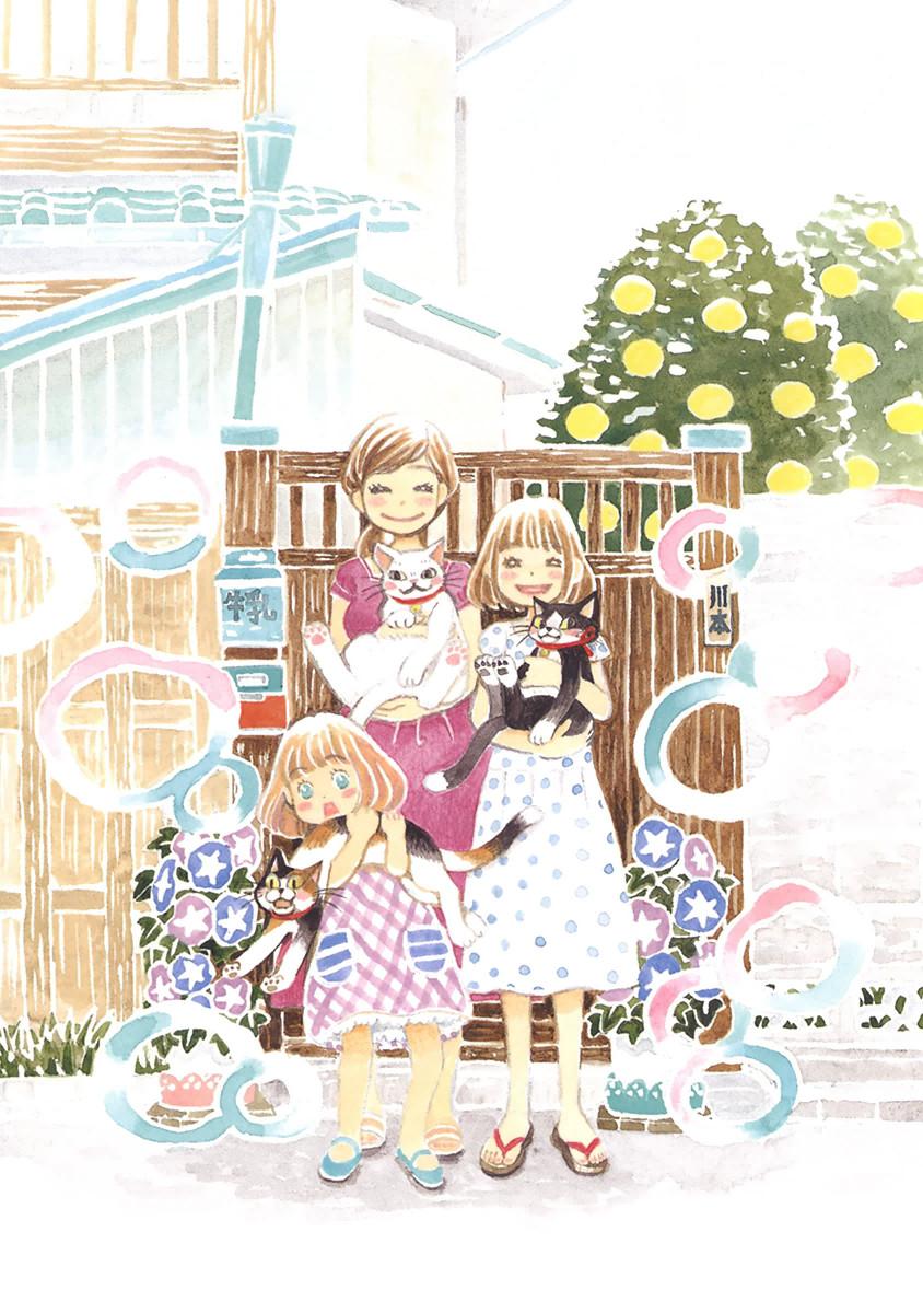 3girls animal bell blue_eyes blue_flower blue_footwear blush_stickers bob_cut brown_hair bush cat child closed_mouth dot_nose dress eyebrows_visible_through_hair facing_viewer fence flower full_body grass happy highres holding holding_animal holding_cat house kawamoto_akari kawamoto_hinata kawamoto_momo leaf lineup long_dress mailbox_(incoming_mail) mary_janes morning_glory multiple_girls open_mouth outdoors pipes plaid plaid_dress plant polka_dot polka_dot_dress potted_plant purple_dress purple_flower railing rooftop sandals sangatsu_no_lion shoes short_dress siblings side_ponytail sisters smile standing umino_chika wooden_fence