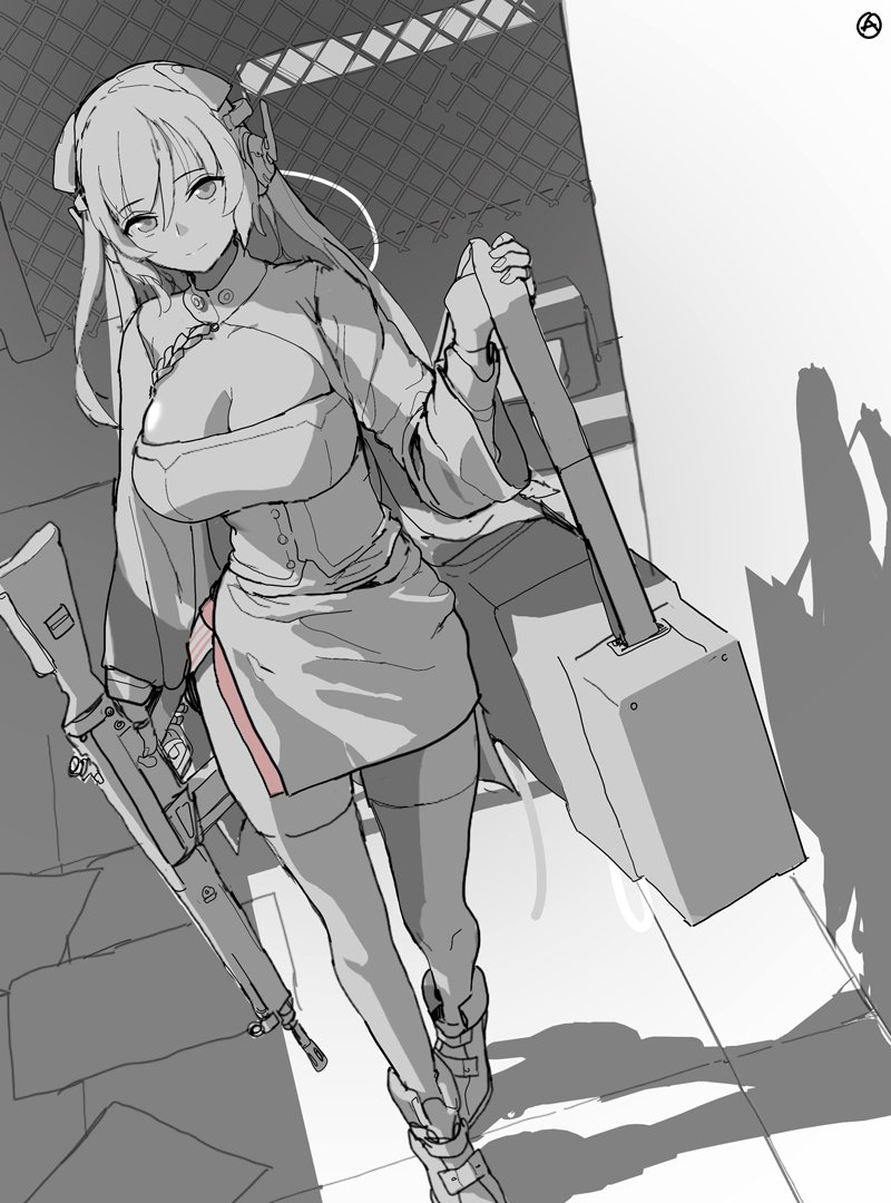 1girl bangs battle_rifle breasts circle_a cleavage cleavage_cutout clothing_cutout commentary_request full_body g3_(girls'_frontline) girls'_frontline greyscale gun h&amp;k_g3 hair_between_eyes headgear holding holding_gun holding_weapon large_breasts long_hair long_sleeves looking_at_viewer mod3_(girls'_frontline) monochrome rifle shadow side_slit solo spot_color thighhighs weapon weapon_case zettai_ryouiki