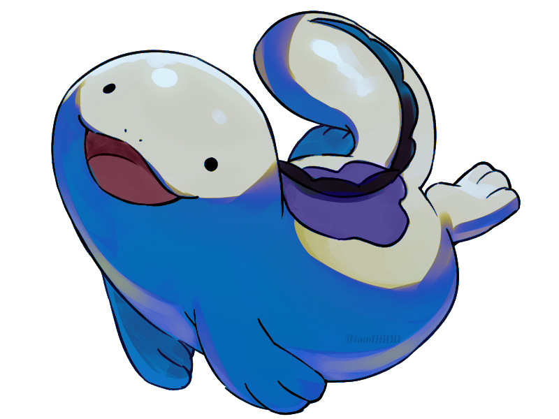 :d asada_hachi banned_artist commentary creature from_side full_body gen_2_pokemon happy no_humans open_mouth pokemon pokemon_(creature) quagsire simple_background smile solid_circle_eyes solo twitter_username watermark white_background