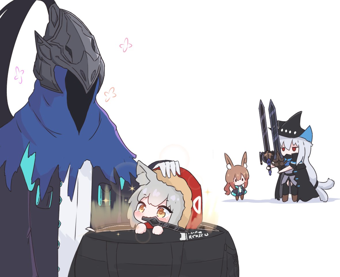 1boy 3girls amiya_(arknights) animal_ear_fluff animal_ears arknights artorias_the_abysswalker bag black_cape black_coat black_headwear black_pants boots brown_footwear brown_hair bunny_ears cape chibi clothing_cutout coat commission cosplay dagger dark_souls_i doctor_(arknights) doctor_(arknights)_(cosplay) english_commentary fur-trimmed_hood fur_trim gloves grey_hair grey_shirt hat helm helmet holding holding_sword holding_weapon hood hood_up hooded_jacket jacket jitome knife kurotofu long_hair low-tied_long_hair mouth_hold multiple_girls open_clothes open_coat pants projekt_red_(arknights) red_eyes red_jacket shirt silver_hair skadi_(arknights) souls_(series) sparkle sword thigh_cutout weapon white_background white_gloves