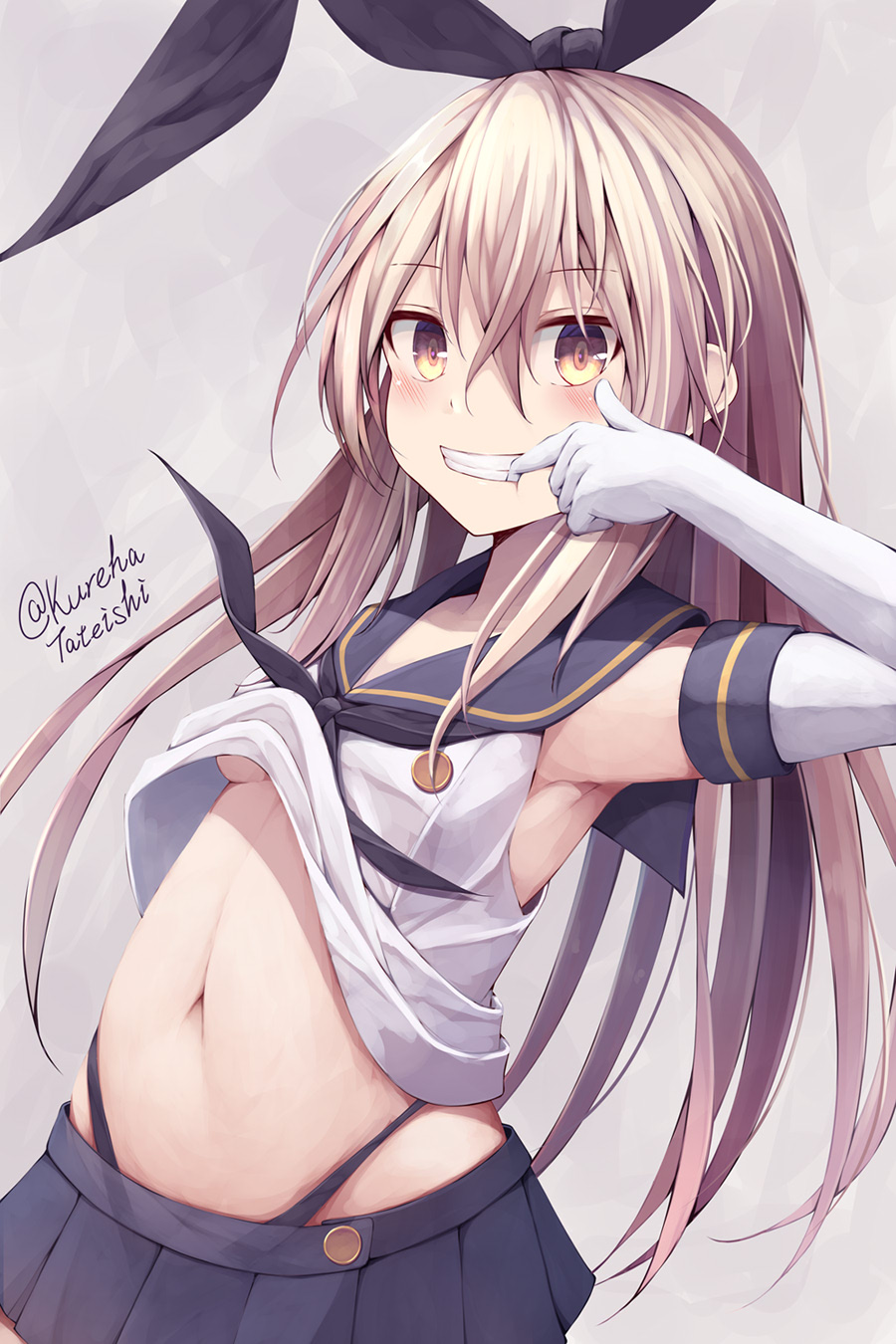 1girl armpits bangs black_panties black_ribbon blue_sailor_collar blue_skirt blush breasts brown_eyes clothes_lift commentary_request elbow_gloves eyebrows_visible_through_hair finger_in_mouth gloves grin hair_between_eyes hair_ribbon hamayuu_(litore) highleg highleg_panties highres kantai_collection light_brown_hair long_hair looking_at_viewer miniskirt navel panties pleated_skirt ribbon sailor_collar shimakaze_(kancolle) shirt shirt_lift skirt sleeveless sleeveless_shirt small_breasts smile solo twitter_username underboob underwear very_long_hair white_gloves white_shirt