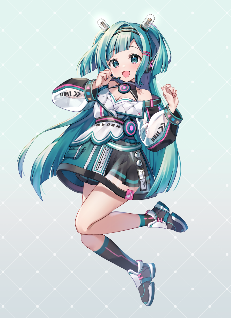 1girl :d bare_shoulders black_footwear black_legwear black_skirt chyoling full_body gradient gradient_background green_background green_eyes green_hair hands_up hatsune_miku headgear headset jacket kneehighs long_hair long_sleeves looking_at_viewer off-shoulder_jacket off_shoulder open_mouth pleated_skirt puffy_long_sleeves puffy_sleeves see-through shoes single_kneehigh single_sock skirt smile socks solo two_side_up uneven_legwear very_long_hair vocaloid white_jacket