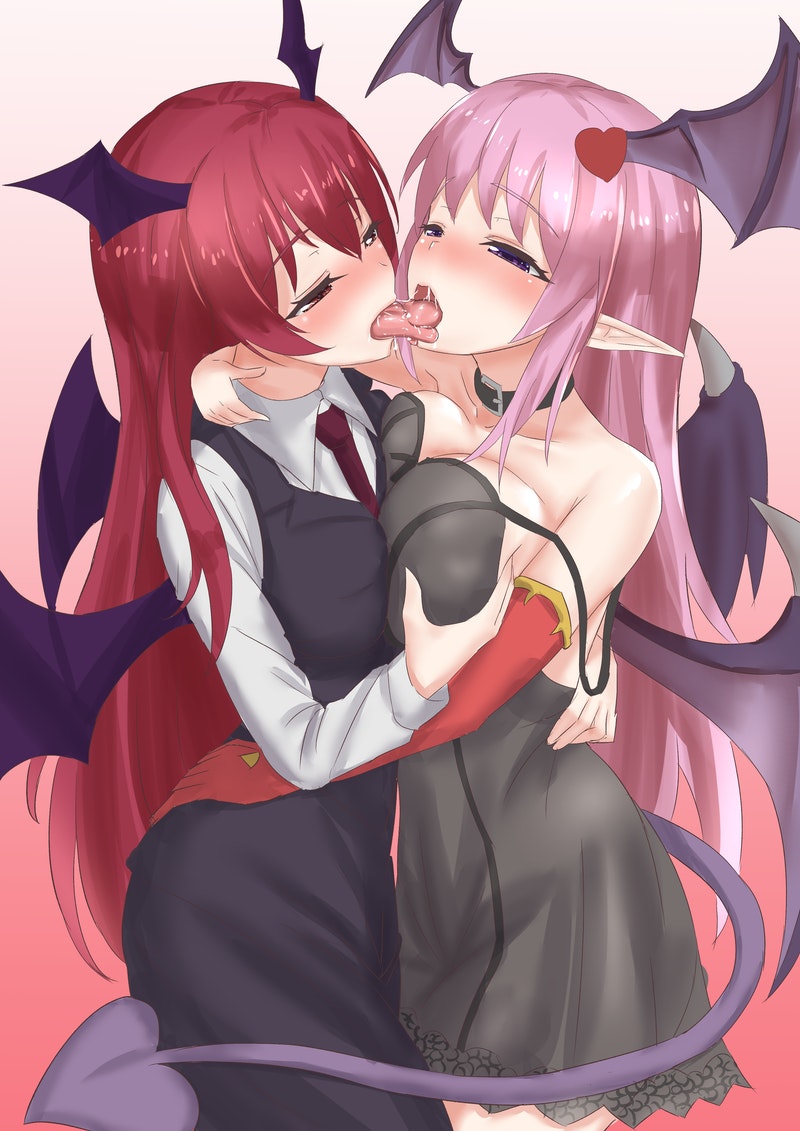 2girls blush breast_grab breasts demon_girl french_kiss gloves grabbing hug kawosu_shikou kiss koakuma large_breasts lilith_(rabi-ribi) long_hair multiple_girls pink_hair rabi-ribi tail tongue tongue_out touhou very_long_hair wings yuri